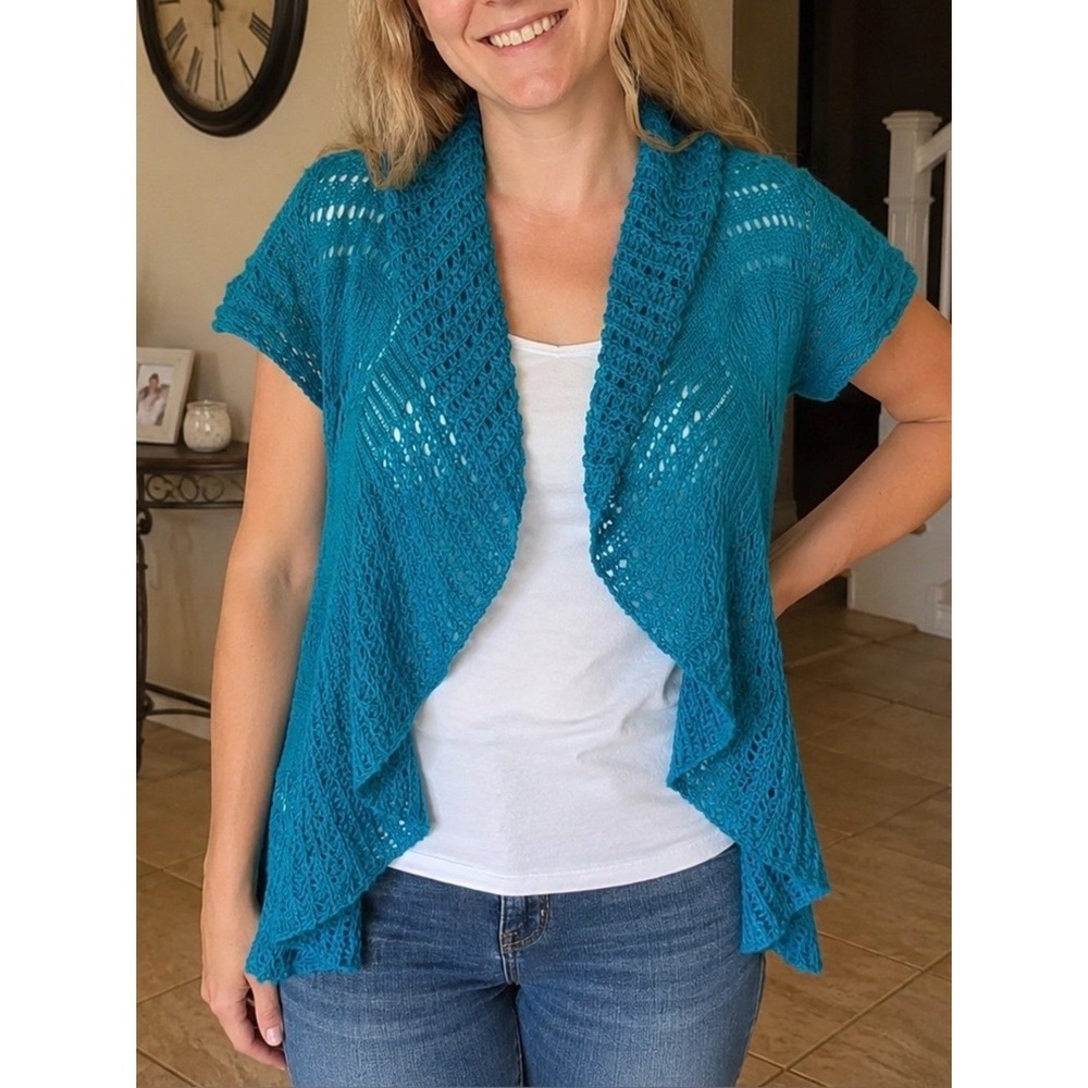 Tealβ Blue Pointelle Knit Open Front Cardigan Shawl Collar Short Sleeve Sweater